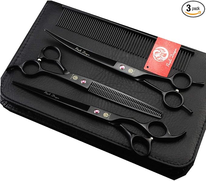 Purple Dragon 8 inch Dog Grooming Scissors Set with Anti-Shock Bag - Black | Japanese 440C Steel Pet Grooming Shears, Comfortable Grip, Includes Curved, Straight & Thinning Scissors with Silencer