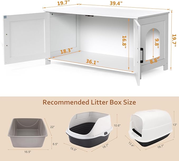 Homhedy 39.4" L Cat Litter Box Enclosure with Barn Door, White | Wooden Cat Washroom Furniture, Cat House, Pet Storage Cabinet, Dog-Proof, Fit Most of Litter Box, Farmhouse Style