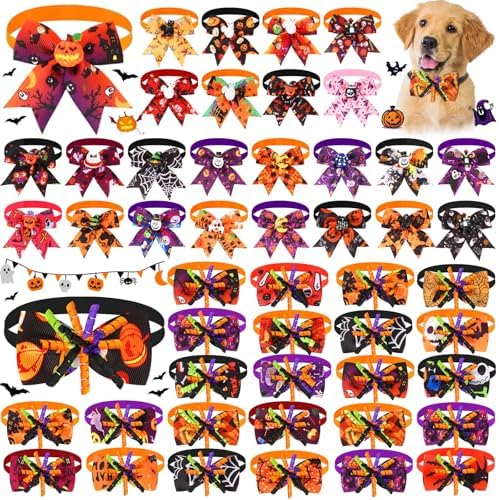 Huhumy 50 Pcs Halloween Dog Bow Ties Collars Bulk for Small Medium Pet Cat by Huhumy