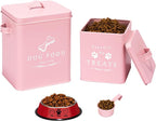 Meraki Home Small Dog Food Container and Dog Treats Container - Tight Lids - Feed Scoop and Pet Food Bowl - Farmhouse Metal Storage Bin - Matte Pink
