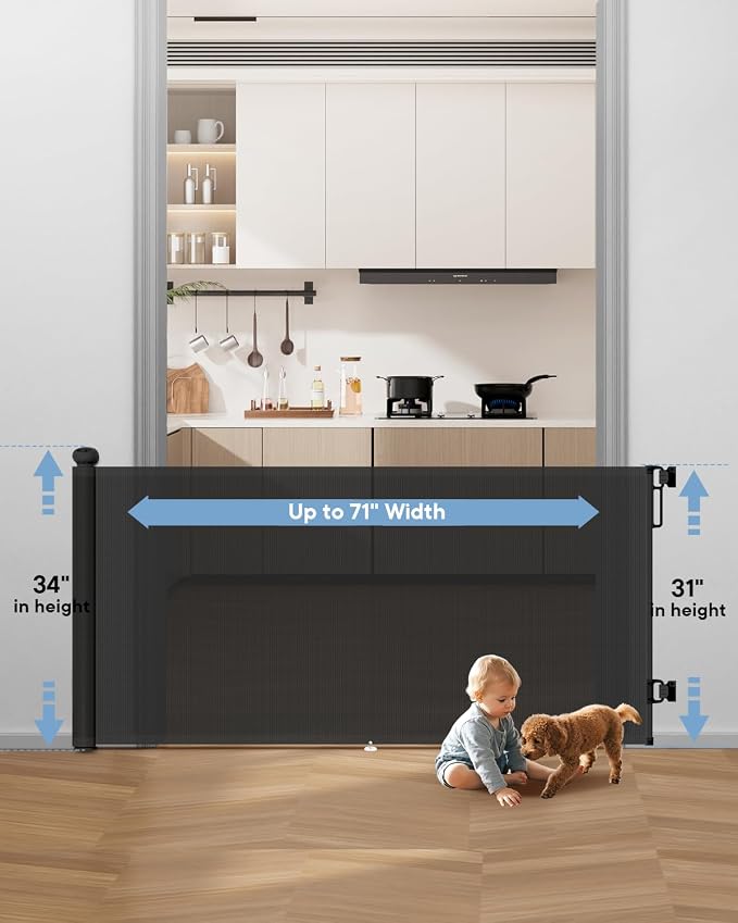 Extra Wide Baby Gate - 71 inch Retractable Mesh Gates for Large Opening, Extra Long Mesh Gate for Babies, Dogs, Baby Gate Anti-Crawling Hook for Stairs Hallways Doorway Indoor Outdoor, Black | Extra Long Mesh Baby & Pet Gate with Anti-Crawling Hook, Sa...