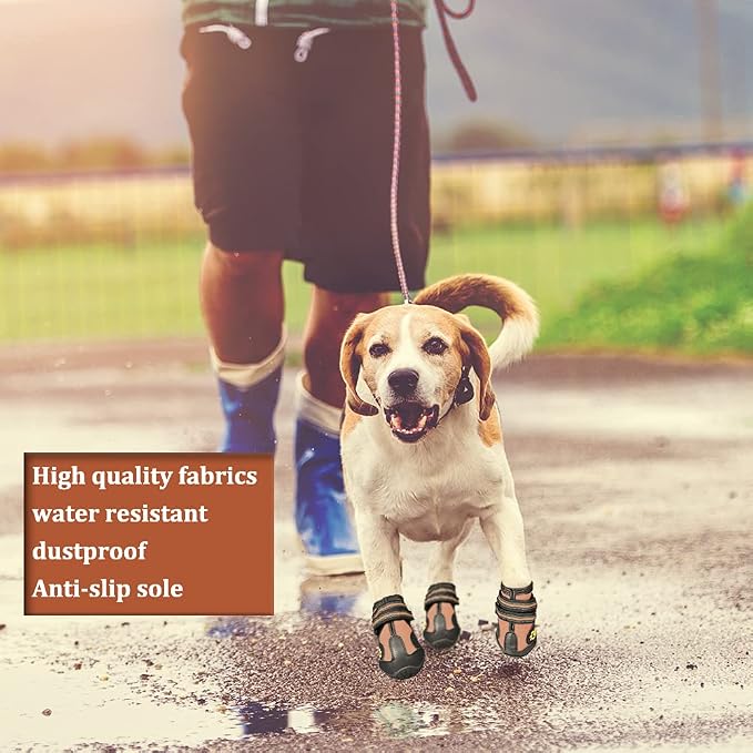 CovertSafe& Dog Boots for Dogs Non-Slip, Waterproof Dog Booties for Outdoor, Dog Shoes for Medium to Large Dogs 4Pcs with Rugged Sole Black-Brown
