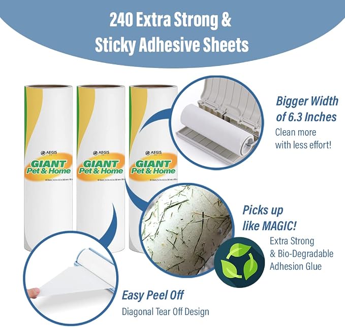 Aegis Giant Pet & Home Lint Roller Pet Hair Large Lint Roller with Extendable Long Handle, 6.3” Width with 240 Adhesive Extra Sticky Sheets for Furniture Carpet Floor and Curtains