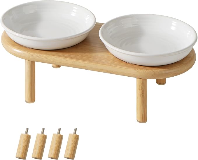 Havniva Elevated Cat Bowls, Ceramic Cat Bowl with Bamboo Stand Wide Opening | 5.7” Raised Cat Food Bowls, Whisker Friendly Cat Dish, Anti-Slip Cat Water Bowls, Shallow Cat Bowls, Cat Food & Water Bowl