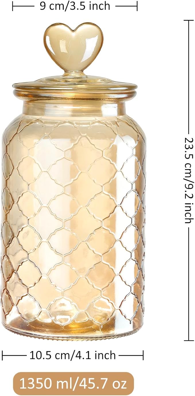 Joeyan 45 oz Amber Glass Canisters with Airtight Lids,Vintage Embossed Glass Storage Jar,Decorative Kitchen Food Container Organizer Apothecary Jars for Candy, Flour, Coffee Bean, Cookie, Pet Treats