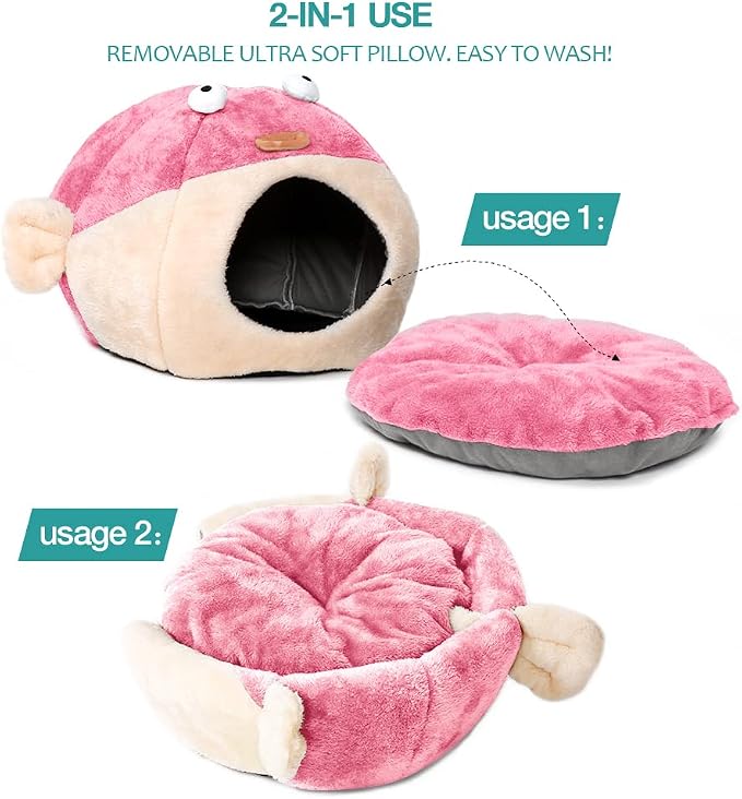 Cat Beds for Indoor Cats-Cat Bed Cave,Cute Lively Pufferfish Shape,Pink L | 2 in 1 Cats House for Kitten with Removable Washable Cushioned Pillow,Soft plush cat Tent for cat Hideaway,Machine Washable