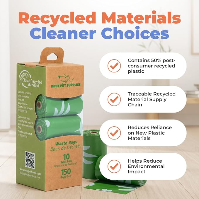 Best Pet Supplies GRS Poop Bags for Dogs - 150 Count, Green, Unscented | Unscented, 50% Post-Consumer Recycled Plastic, Leak-proof, Easy-Tear perforations, Thick Bags, Fits Standard Holders