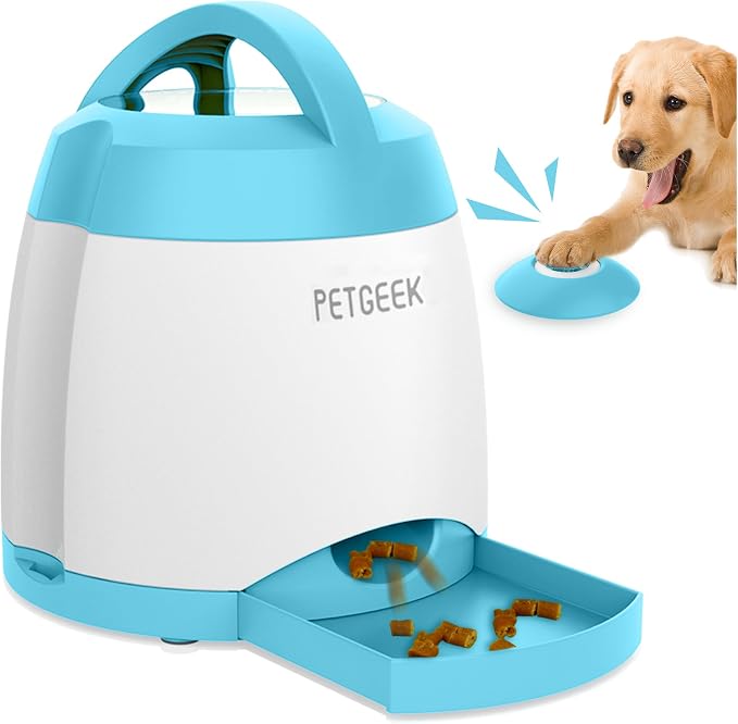 PETGEEK Automatic Dog Treat Dispenser, Puzzle Memory Training Activity Toy- IQ Training Dog Button Feeder, Remote Button Treat Dispenser for Dogs (Upgrade Blue)