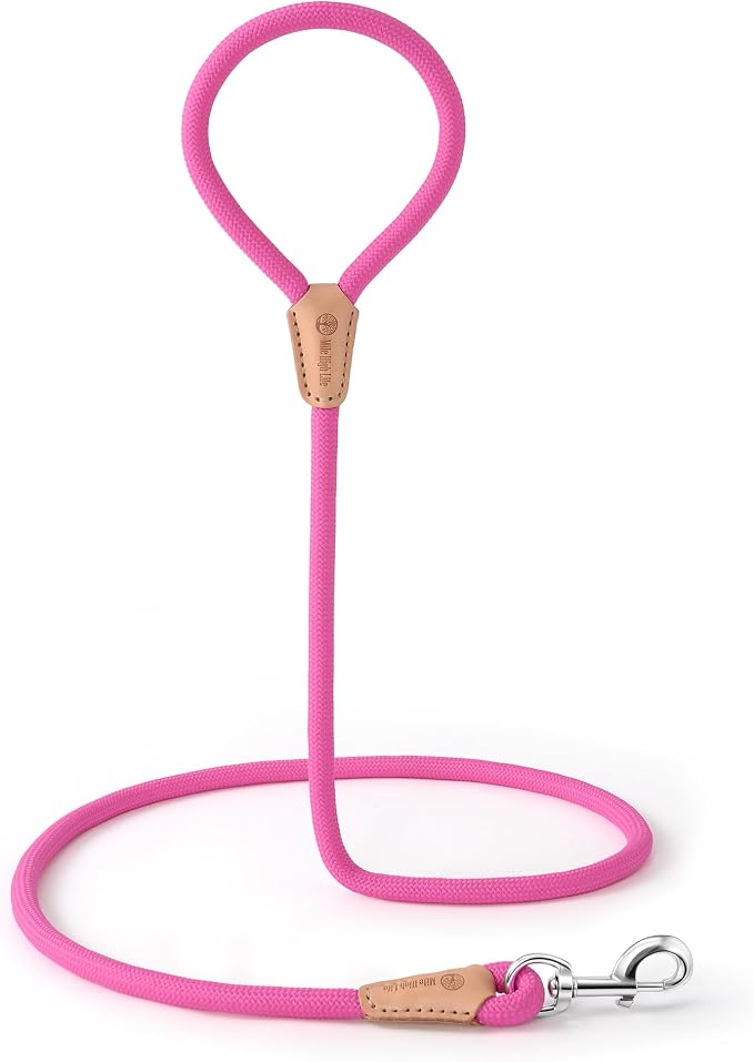 Mile High Life Dog Leash with Genuine Leather Connection, 4/5/6 FT | Rope Leash, Heavy Duty 360° Swivel Metal Clasp, for Small Medium & Large Dogs (Bright Pink, 60 Inch)
