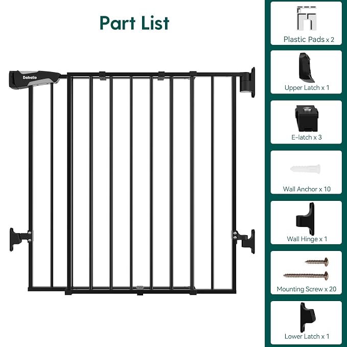 Babelio No Bottom Bar Baby Gate, 28" H x 26-43" W, Black | Easy Install| One-handed Opening| Auto-close| Drill Needed Indoor Safety Dog/Pet Gate for Stairs, Hallways & Doorways