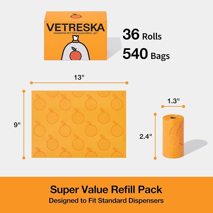 VETRESKA Citrus Scented Dog Poop Bags, 540 Counts, Leak Proof and Large | Extra Thick Pet Waste Bags for Dogs Walking, Cat Litter (36 Refill Rolls), Orange
