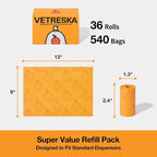 VETRESKA Citrus Scented Dog Poop Bags, 540 Counts, Leak Proof and Large | Extra Thick Pet Waste Bags for Dogs Walking, Cat Litter (36 Refill Rolls), Orange