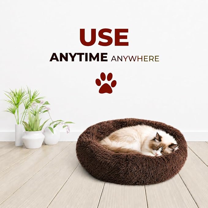 Whiskers & Friends Cat Beds for Indoor Cats, Fluffy Cat Bed Small to Large | Orthopedic Soft Plush Calming Donut Bed, Washable Round Pet Bed, Sized for Kitten to Large Cats & Puppy to Small Dogs