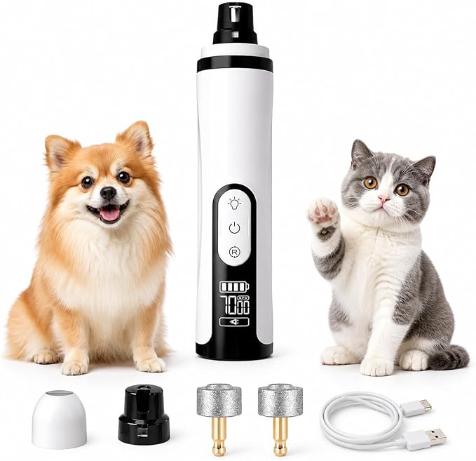 Silent Pet Nail Grinder Pro, 2026 New Dog and Cat Nail Trimmer with LED Light and 3 Speed Settings, Suitable for Thick and Long Nails(1+2*Replacement Head)