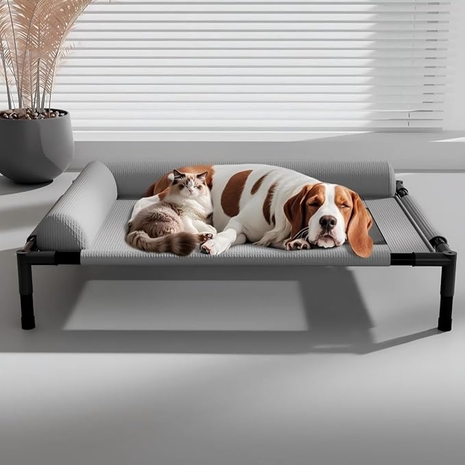 Elevated Dog Bed with Breathable Mesh Hammock, Heavy Duty Steel Frame Raised Indoor Outdoor Dog Bed for Large Cats, Medium & Small Dogs, 25.98"x17.72" Up to 140lbs, Gray