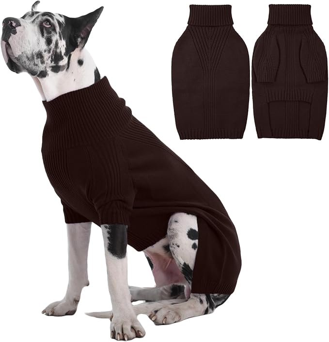 IECOii Extra Large Dog Sweater 4XL,Thermal Warm Dog Sweaters for Giant Breed Dogs,Turtleneck Knitted Knitwear for Pet Winter,Stretchy&Easy On Doggy Sweatshirt for Doberman,Great Dane(Brown,XXXXL)