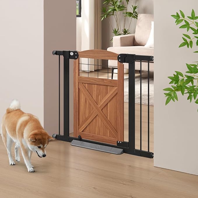 beeNbkks Farmhouse Barn Door Dog Gate, 30" Tall Anti-Trip Pet Barrier | No-Drill Pressure Mounted Pet Gate Fits 29"-40" Wide Openings, Featuring Wooden Walk-Through Door and Metal Frame