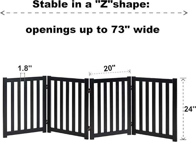LZRS Wooden Free Standing Dog Gate 80" W x 24" H, Foldable Solid Hardwood Pet Safety Fence for House Doorways, Stairs, Hallways, Step-Over Pet Barrier, No Drill Easy Setup, Black