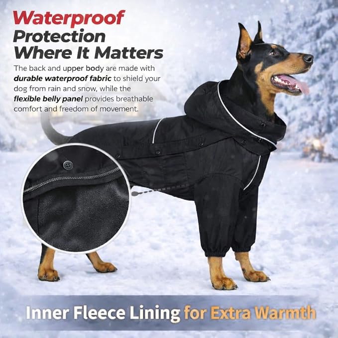 LOVELONGLONG Fleece-Lined Dog Raincoat with Removable Hood – Waterproof Winter Full Body Dog Jacket – Windproof Snowproof Cold-Weather Suit – Black-F XL