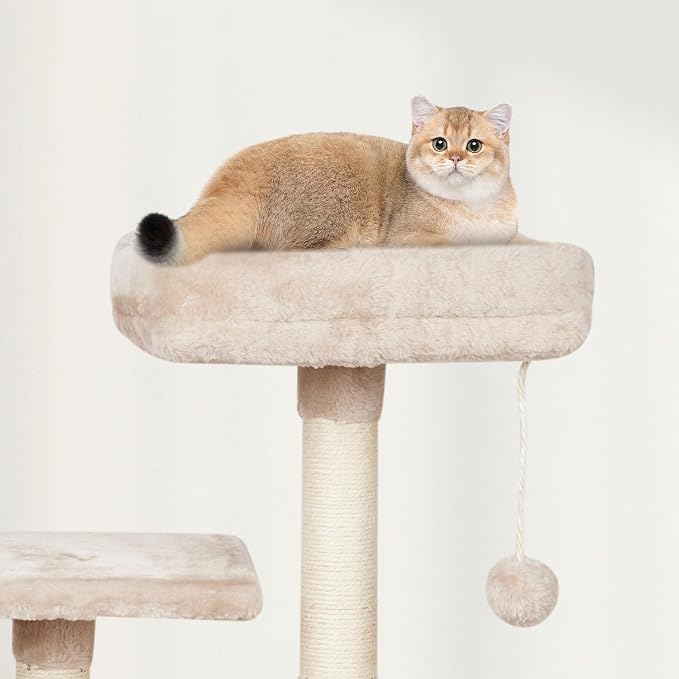 Cut Cat Tree Cat Tower Condo with Hammock Kittens Scratching Post Beige | MIAO PAW Cat Bed For Indoor Modern Activity Tree for small Cat with Board Hanging Ball Play House