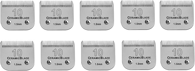 10#Dog Grooming Ceramic Blade sets,Compatible with Andis/Oster A5/Wahl 10KM | Size 10 Cut Length 1/16"(1.5mm)，10 Pack