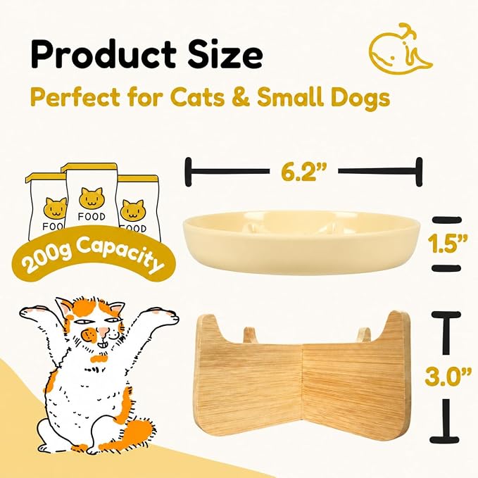 Slow Feeder Cat Bowl with Stand, Melamine Elevated Cat Food Bowl, Whisker Friendly Raised Puzzle Feeder for Cats & Small Dogs,Wet & Dry Food, Dishwasher Safe, Non-Slip (Light Yellow)