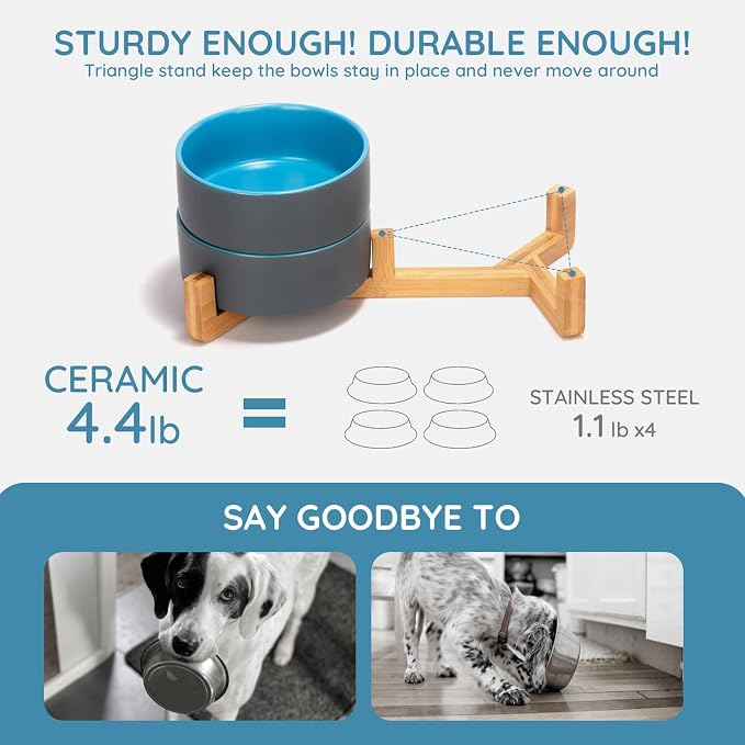 SPUNKYJUNKY Ceramic Dog and Cat Bowl Set with Wooden Stand, Modern Cute Weighted Food Water Set for Small Size Dogs (13.5OZ) & Medium Sized Dogs (28.7OZ) & Cats (3.6 Cups, 2 × Blue-Grey)