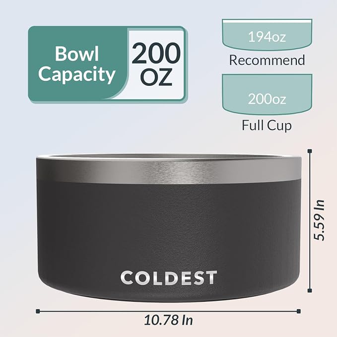 Coldest Dog Bowl - Anti Rust Metal, Non Slip, 3 Layers Insulated Stainless Steel Dog Bowls - Spill Proof & Heavy Duty - Water Bowl for Dogs, Cats & Pets, Dish Washer Safe (200 oz, Stealth Black)