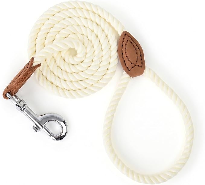 Mile High Life Dog Leash Braided Cotton Rope with Leather-Reinforced Ends | Rust-proof 360° swivel clasp, Heavy-duty for medium/large breeds. Great for weddings, daily walks (5 FT, 1/2", White)