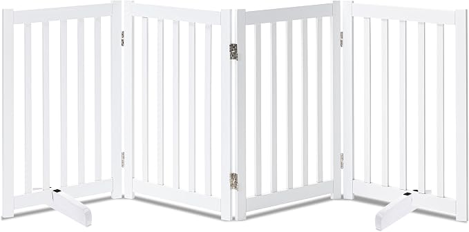LZRS Freestanding Extra Wide Dog Gate 80" W x 30" H Solid Wooden Pet Gate for Doorways, Stairs, Hallways,Kitchens& Long Areas, Expandable & Foldable with Support Feet,Indoor Use,White