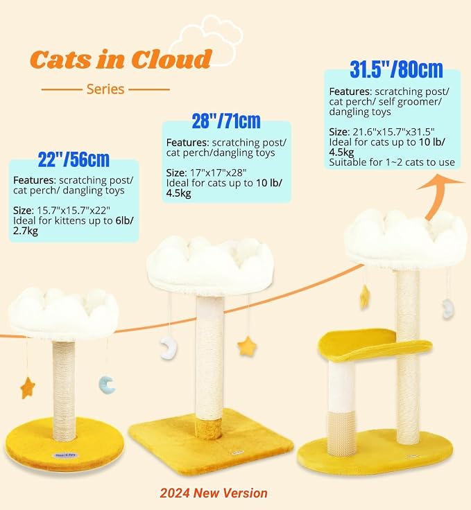 Happi N Pets Cloud Cat Tree, 31.5in Multi-Level Indoor Cat Tower with Scratching Posts, Viewing Perch, Removable & Washable Cushions, Cat Activity Tree with Dangling Toy | Removable & Washable Cat Bed, Cat Activity Tree, Cute Dangling Toys, Easy To Cle...