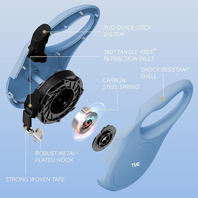TUG Quest Retractable Dog Leash | 360° Tangle-Free | 16 ft Tape (M, Blue)
