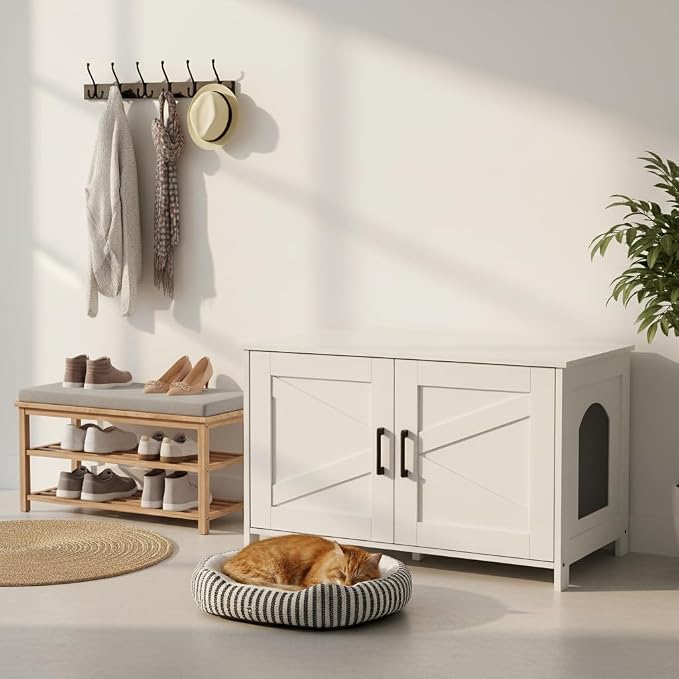 Homhedy 31.5" L Cat Litter Box Enclosure with Barn Door, White | Wooden Cat Washroom Furniture, Cat House, Pet Storage Cabinet, Dog-Proof, Fit Most of Litter Box, Farmhouse Style