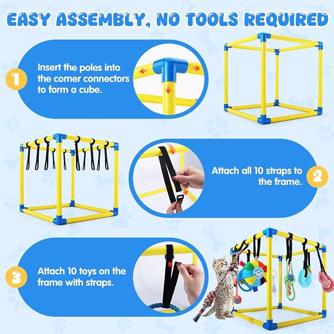 Puppy-Play-Gym for Small Dogs with 10 Dog Toys,19.5" Indoor-Jungle-Play-Gym | Removable Dog Enrichment Playground Interactive Dog Squeaky Toys Puppy Training Center, Adjustable PVC Frame for Puppies Cat