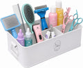 Dog Grooming Organizer Caddy, 4-Compartment Metal Pet Grooming Supplies Storage Bin with Handles, Pet Stuff Holder for Brushes, Clippers, Scissors, Combs, Cat Dog Grooming Kit-White