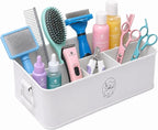 Dog Grooming Organizer Caddy, 4-Compartment Metal Pet Grooming Supplies Storage Bin with Handles, Pet Stuff Holder for Brushes, Clippers, Scissors, Combs, Cat Dog Grooming Kit-White