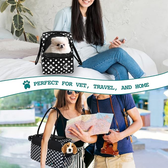 PetAmi Dog Purse Carrier for Small Dogs Cats, TSA Airline Approved Soft-Sided Pet Carrier with Pockets, Ventilated Travel Tote Bag with Bed & Shoulder Strap, Puppy Kitten, Max 12 lbs, Polka Dot Black