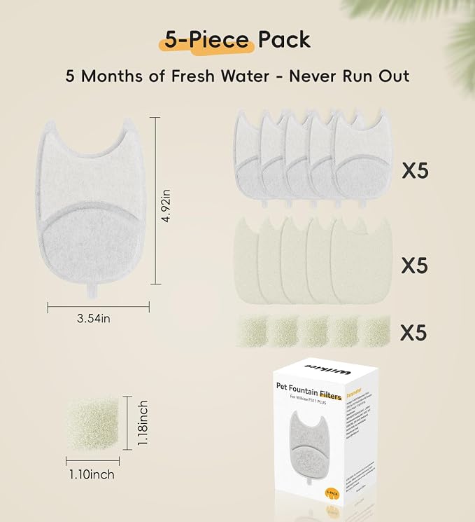 5 Pack Filters Replacement Filter for FS11 Plus, 6 Layer Filter | Suitable for FS11plus, Replace every 1-2 weeks, Fresher Water; 5 Filters + 5 Sponges + 5 Pump Filters