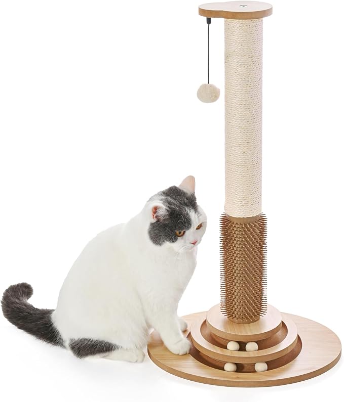 Made4Pets Cat Scratching Post for Indoor Cats with Self Groomer, 28.3" | Cat Scratcher with Natural Sisal Rope, Stable Base and Interactive Ball Track, Cat Toys for Medium and Large Indoor Cats