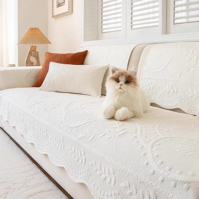 Leaf Floral Cotton Quilted Dog Couch Cover for Sofa Farmhouse Rustic Embroidered Sectional Couch Cover Soft Anti-Slip Sofa Slipcover Furniture Protector for Kids, Pets (White,43"x63")