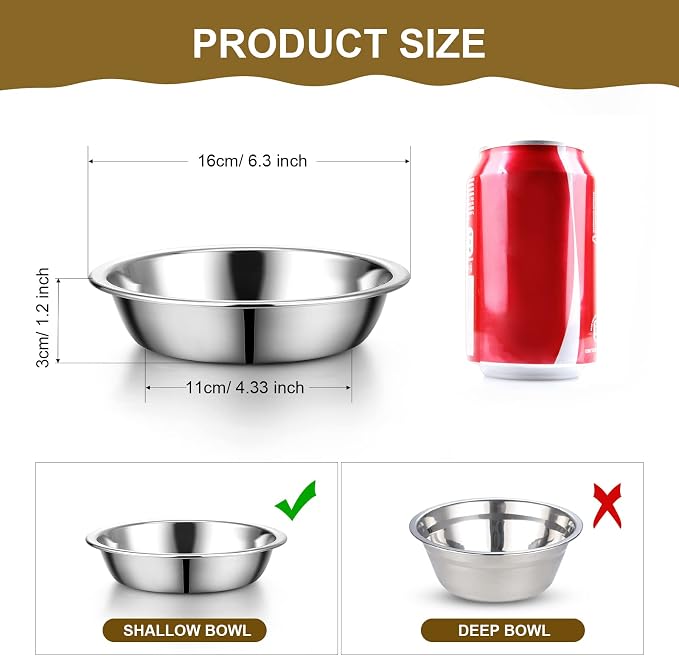10 Pcs Stainless Steel Cat Bowls, 6.3 Inches Friendly Shallow Cat Food Bowls Replacement Fatigue Relief for Elevated Stand Metal Dishes Basic for Dishwasher Safe