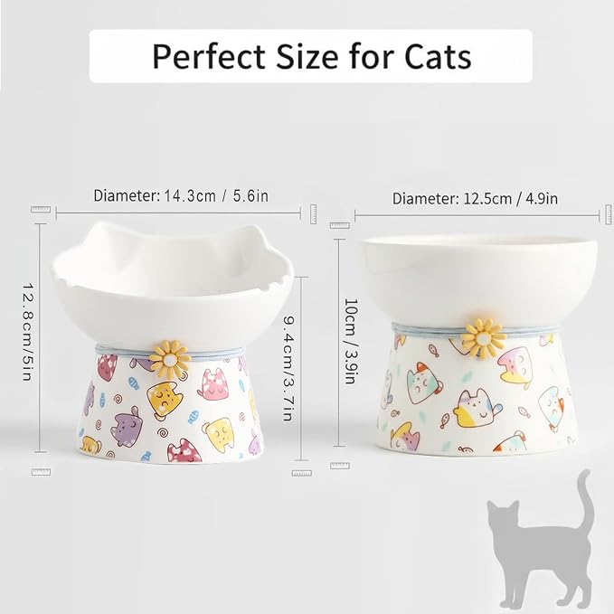 Elevated Ceramic Cat Bowls, 15°Raised Cat Food Bowl, Whisker Friendly Anti Vomiting Cats Dishes, Anti Vomiting & Protect Pet's Spine, Feeder Dish for Indoor Kitty and Small Dogs (Cat Pattern)