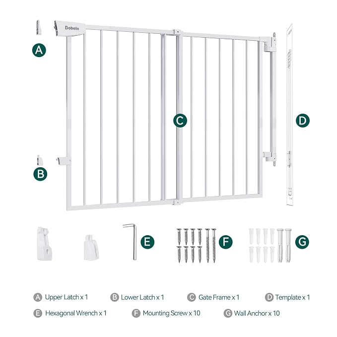 Babelio Extra Tall No Bottom Bar Baby/Dog Gate, 34" H, 29.7-46.5" W, White | Hardware Mount Pet Gate for Indoor Doorways and Hallways with Auto Close, Stay-Open, Wide Walk-through Door, Easy Install
