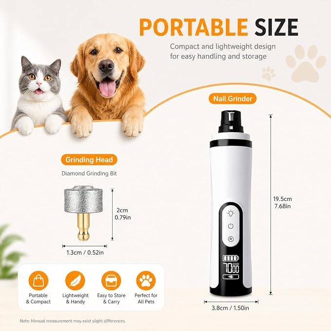 Silent Pet Nail Grinder Pro, 2026 New Dog and Cat Nail Trimmer with LED Light and 3 Speed Settings, Suitable for Thick and Long Nails(1+2*Replacement Head)