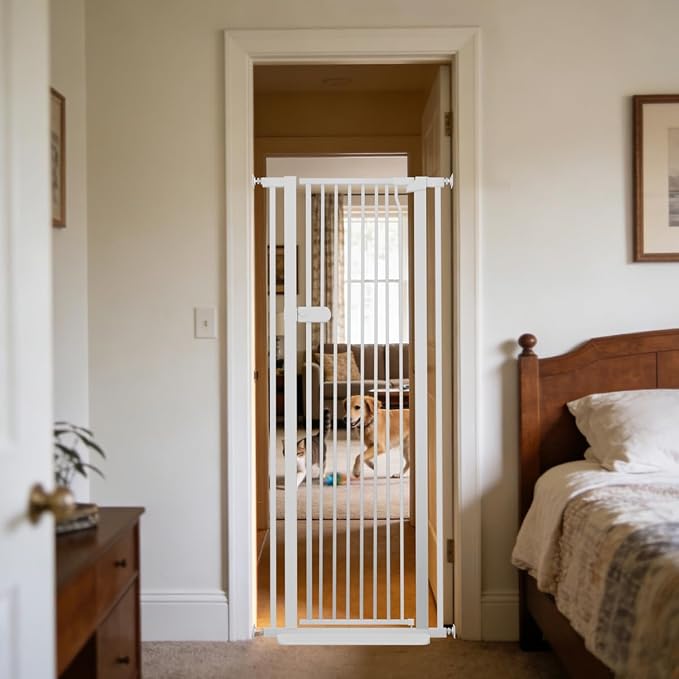 Lumizone Extra Tall Cat Gate 61.02" High 26.18"-29.91" Wide Pet Gate White | Dog Gate for Doorway Hallway Stairs Pressure Mounted Extra Wide 1.37" Gap No Drilling Auto-Close One-Handed Operation