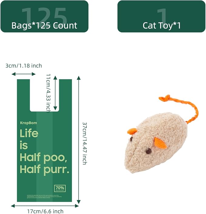 125 Count Cat Poop Bags with Handles, Disposable Litter Bags for Pet Poop, Extra-Thick Kitty Cat Waste Bags Easy Tie Leak-Proof Strengthen Unscented (Made of 70% Recycled Plastic)