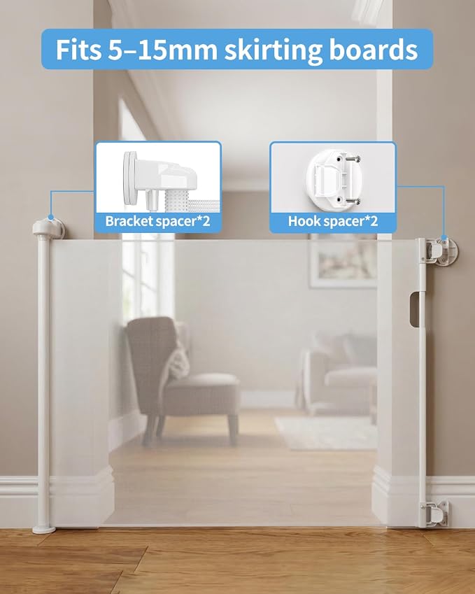 Retractable Baby Gate for Stairs – 33” Height, Expands up to 71” Width – Safety Gate for Infants, Toddlers, Dogs & Pets – Easy Install, Secure Closure, White Mesh Design for Indoor & Outdoor Use
