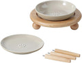 Havniva Elevated Cat Bowls, Cat Food and Water Bowl Set, Ceramic Cat Bowl | Raised Cat Food Bowls, Whisker Friendly, 5.6” Shallow Cat Dishes + 6” Wide Cat Plates, Non-Slip Wood Stand, Two Heights