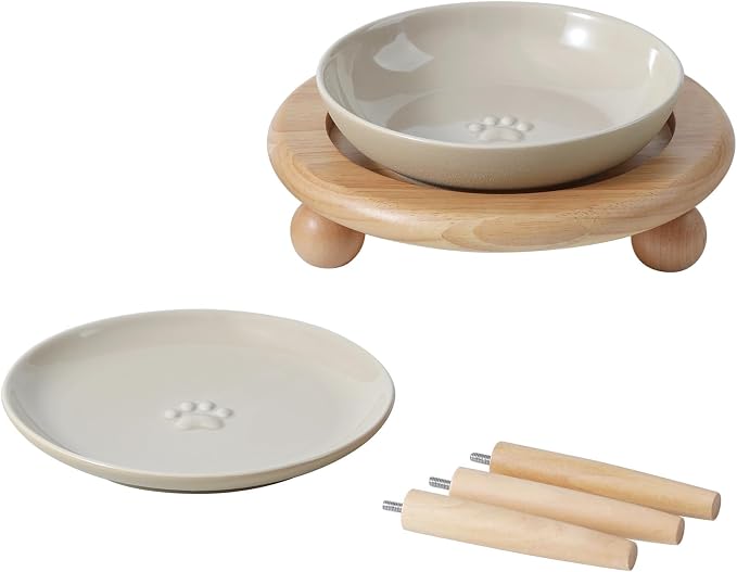 Havniva Elevated Cat Bowls, Cat Food and Water Bowl Set, Ceramic Cat Bowl | Raised Cat Food Bowls, Whisker Friendly, 5.6” Shallow Cat Dishes + 6” Wide Cat Plates, Non-Slip Wood Stand, Two Heights