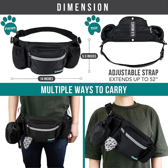 PetAmi Dog Fanny Pack, Treat Pouch for Dog Walking, Training, Built in Poop Bag Dispenser, Water Bottle Holder, Collapsible Bowl, Pet Treat Waist Belt for Hiking, Running, Kibbles (Black)